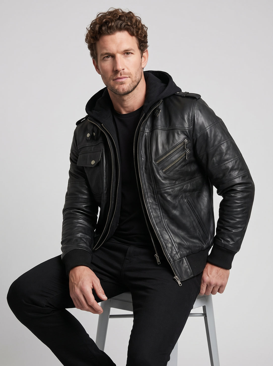 Vance Herrenjacke aus 100 % echtem Rindsleder mit abnehmbarer Kapuze