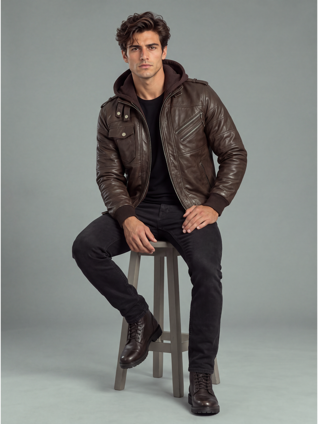 Vance Herrenjacke aus 100 % echtem Lammleder mit abnehmbarer Kapuze